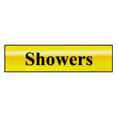 ASEC `Showers` 200mm X 50mm Gold Self Adhesive Sign
