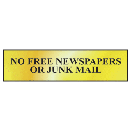 ASEC `No Free Newspapers or Junk Mail` 200mm x 50mm Metal Strip Self Adhesive Sign Gold